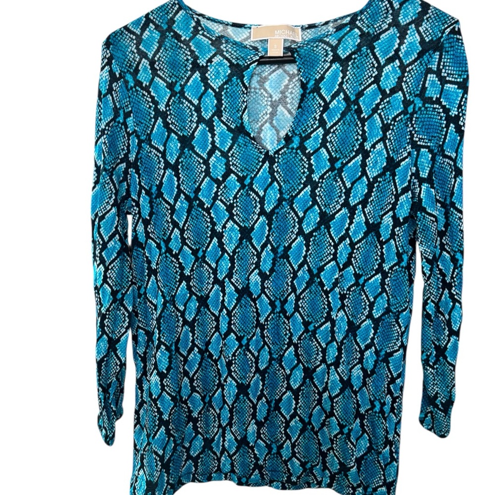 Michael Kors Teal and Black Snake-Print V-Neck Keyhole Long Sleeve Top